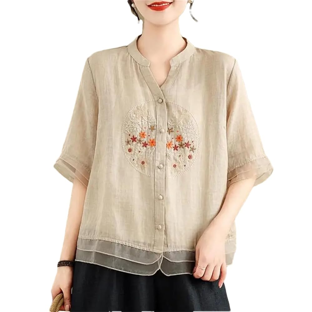 Women Casual V-Neck Shirt Floral Embroidery Loose Blouse